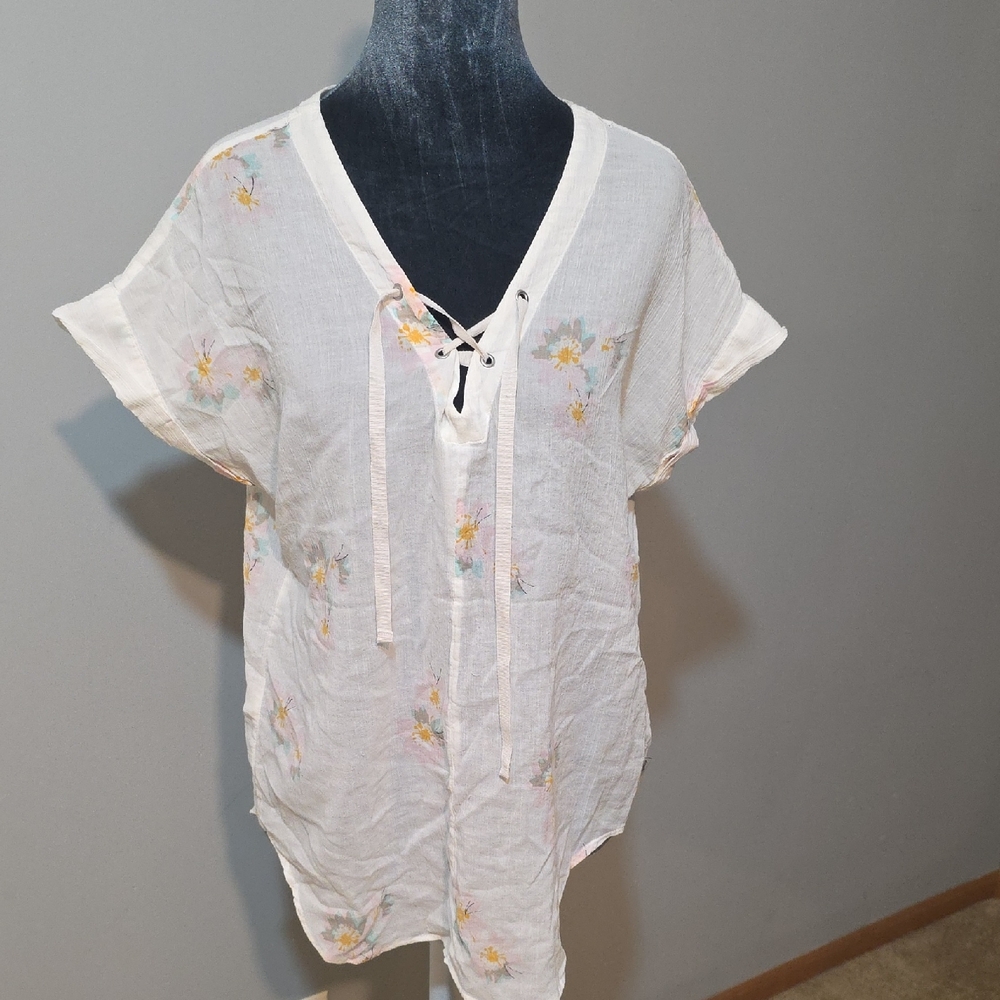 Eddie Bauer Sheer Gauze Top Women's‎ S White Pastel Watercolor Floral Tie Neck